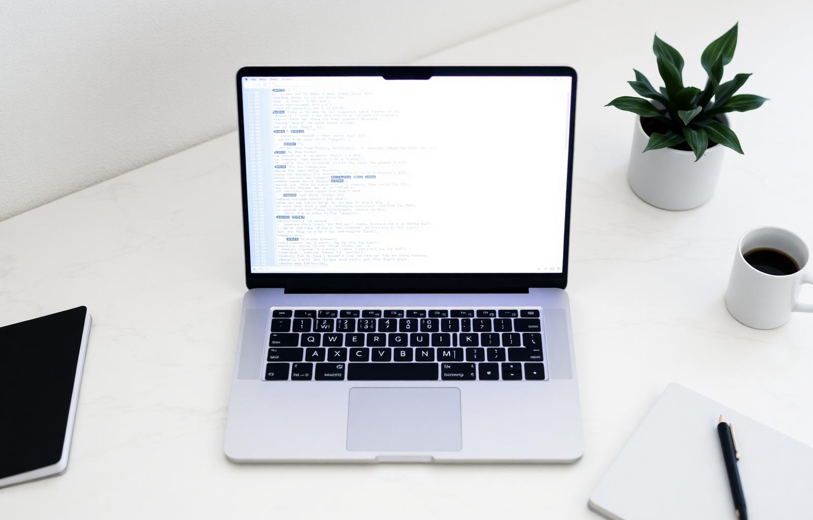 A clean workspace with a laptop and notebook